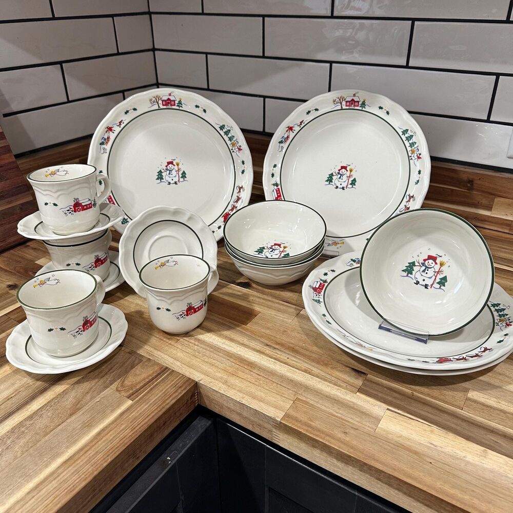 Pfaltzgraff Snow Village Stoneware Snowman Dinnerware – 4 Place Settings - 16 pc